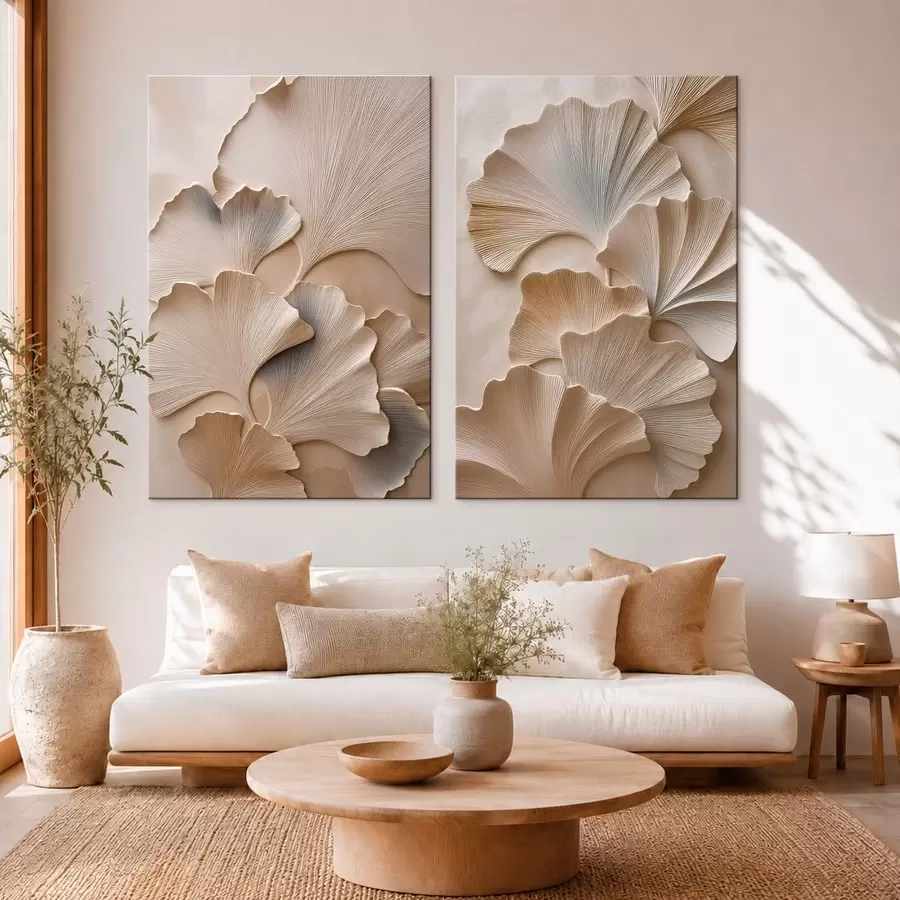 Wandbilder Diptychon mit Ginkgoblättern und Relief-Effekt m30751