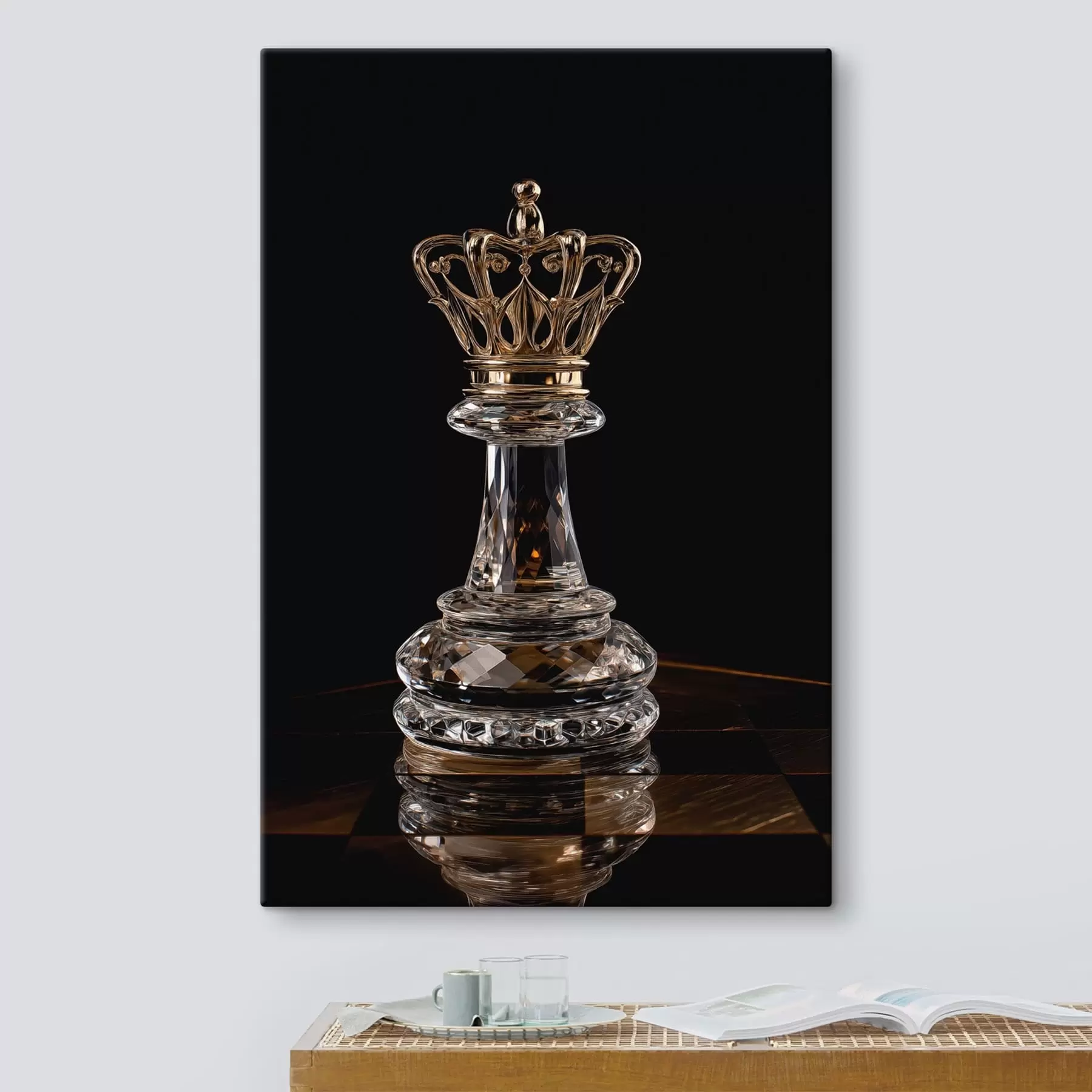 Wandbilder Schachkönigin aus Glas vor dunklem Hintergrund s49946
