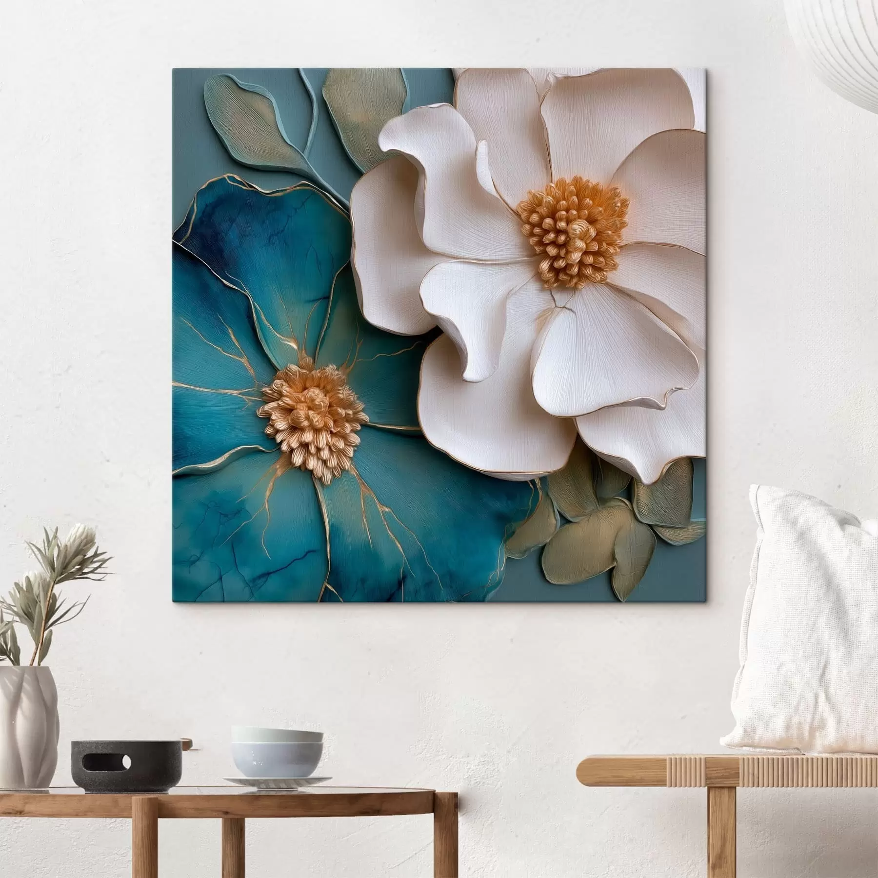Wandbilder Üppige Blumen in Blau und hellen Farbtönen s49947