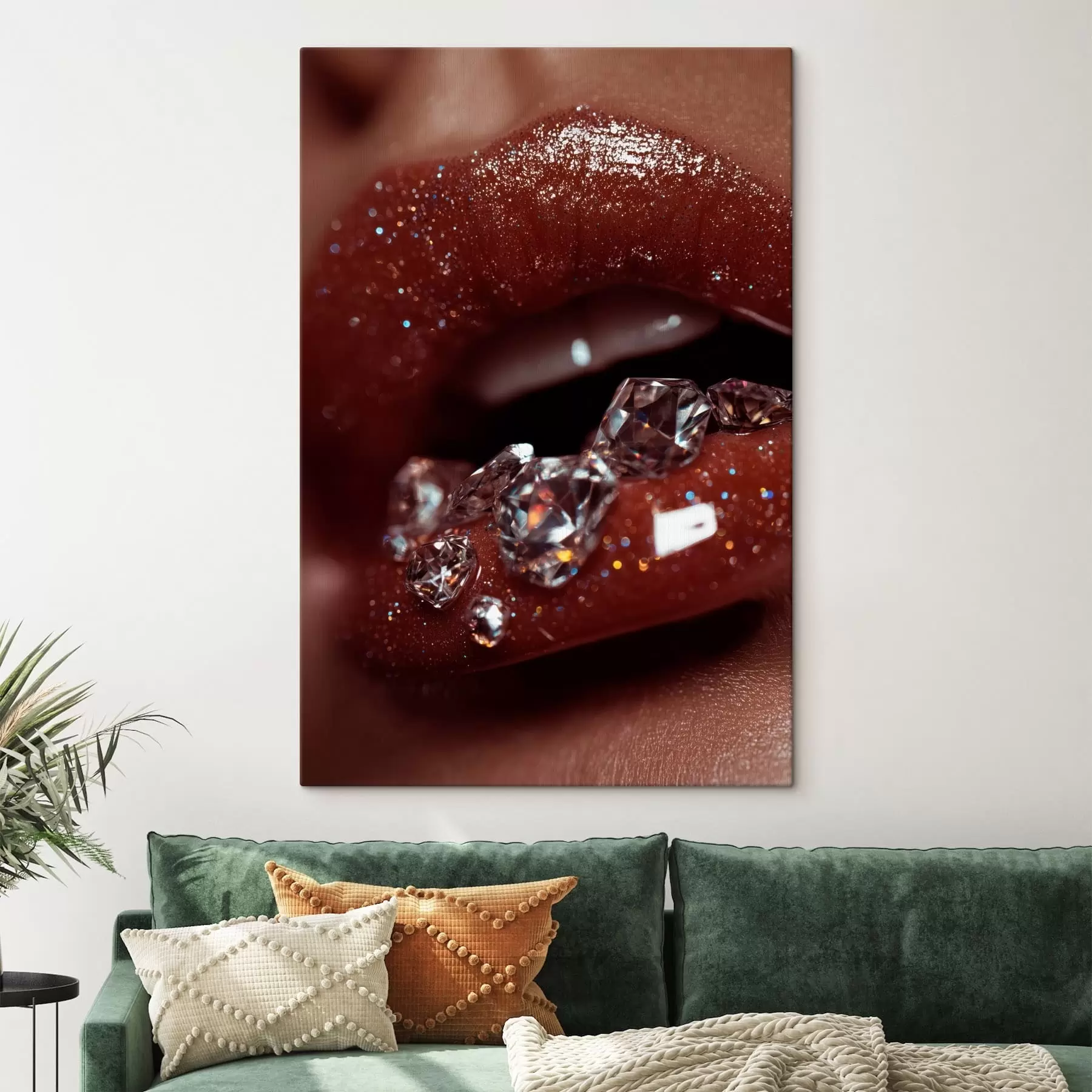 Wandbilder Nahaufnahme von glänzenden Lippen mit transparenten Kristallen s49977