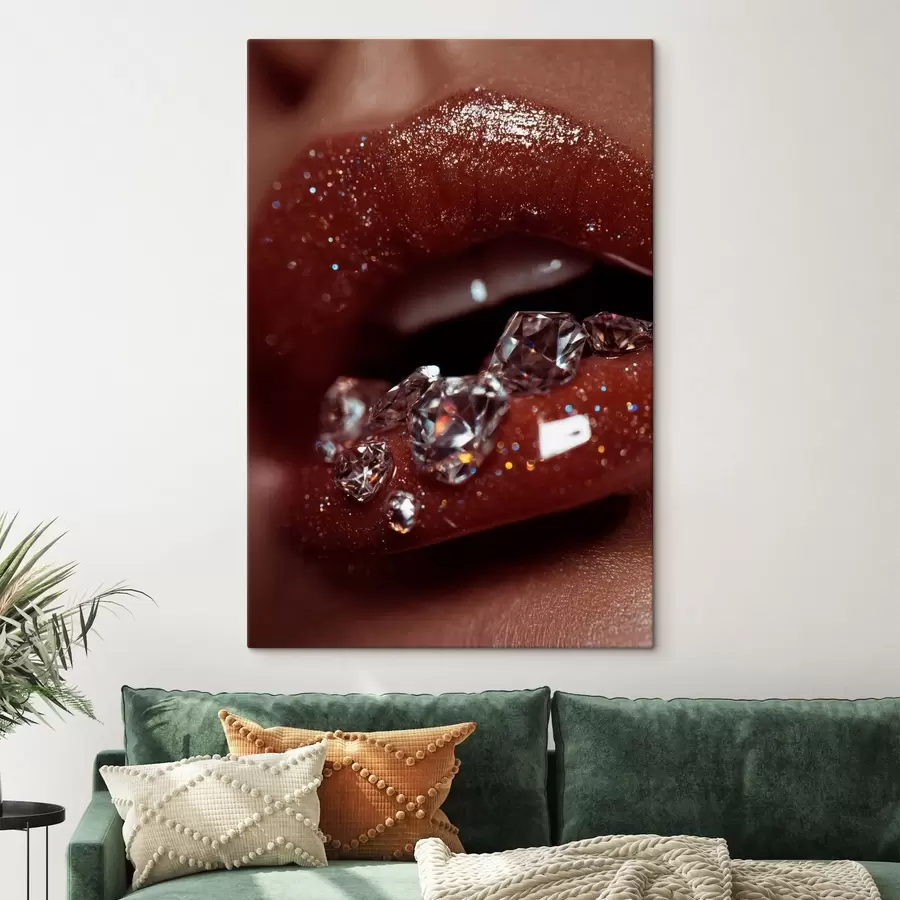 Wandbilder Nahaufnahme von glänzenden Lippen mit transparenten Kristallen s49977
