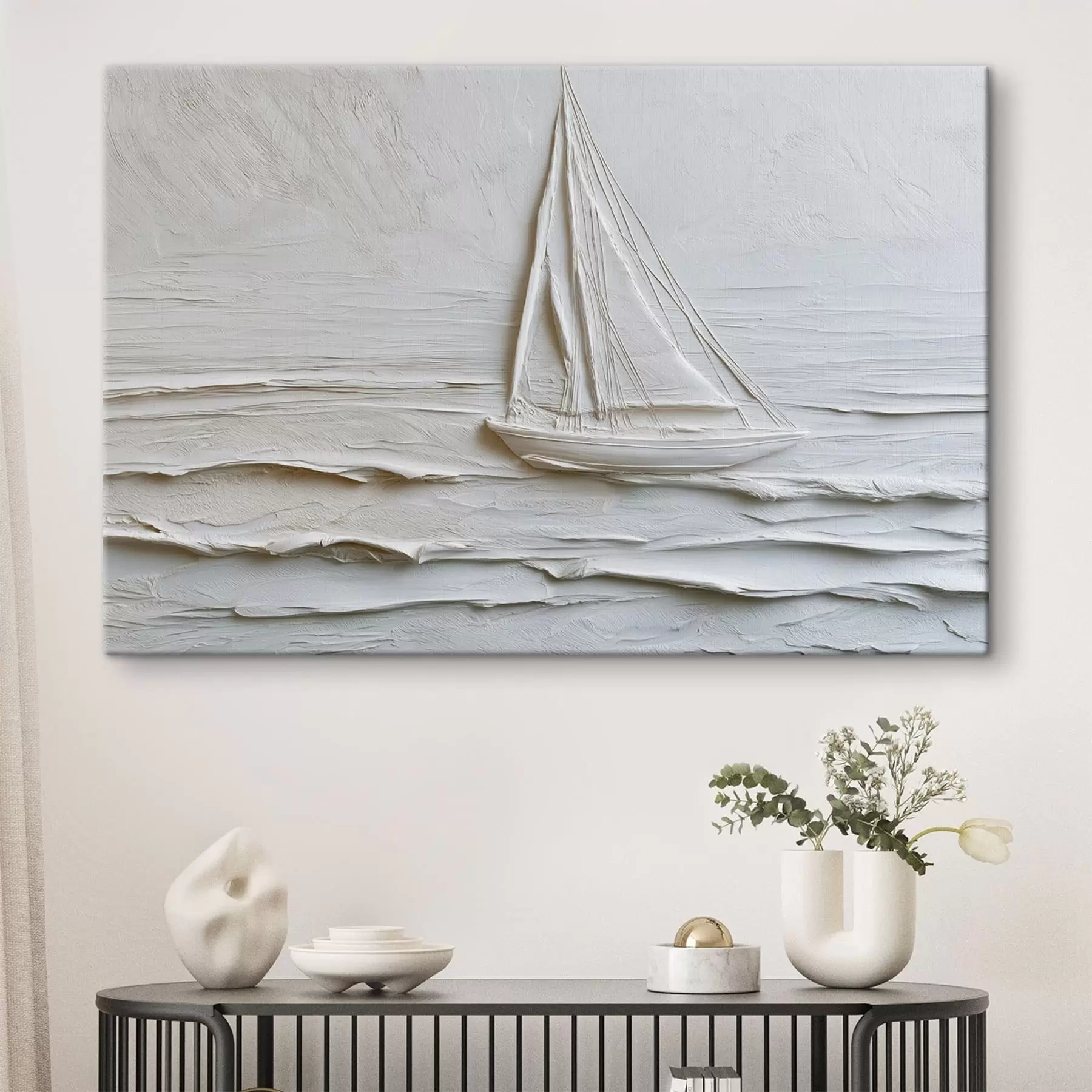Wandbilder Minimalistisches Segelboot auf dem Meer mit Relief-Effekt s49984