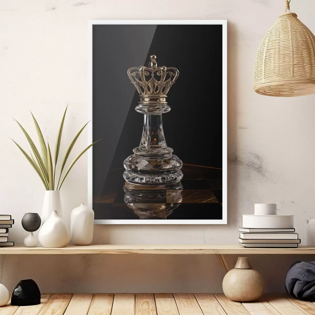 Poster Schachkönigin aus Glas vor dunklem Hintergrund f49946