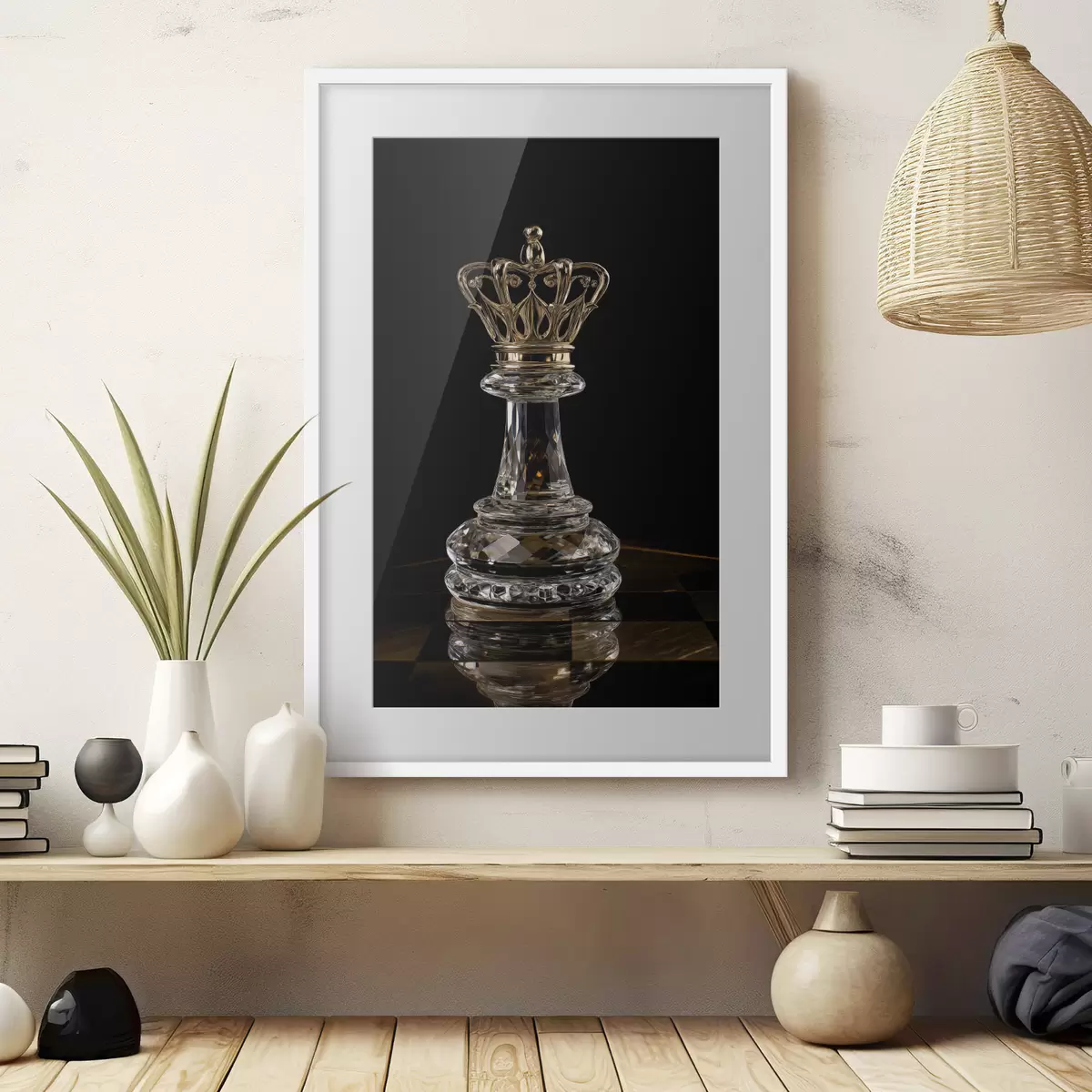 Poster Schachkönigin aus Glas vor dunklem Hintergrund f49946