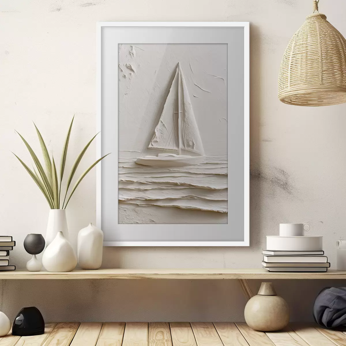 Poster Segelboot auf ruhigen Wellen mit Relief-Effekt f49964