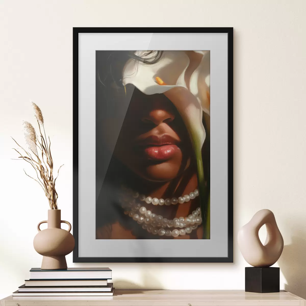 Poster Porträt mit weißen Blumen und einer Perlenkette f49978