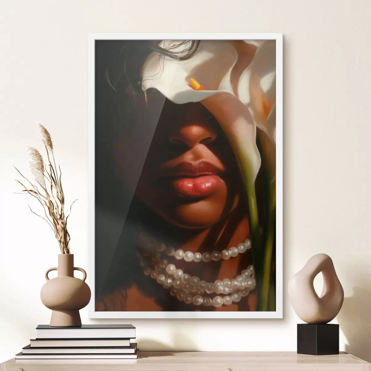 Poster Porträt mit weißen Blumen und einer Perlenkette f49978