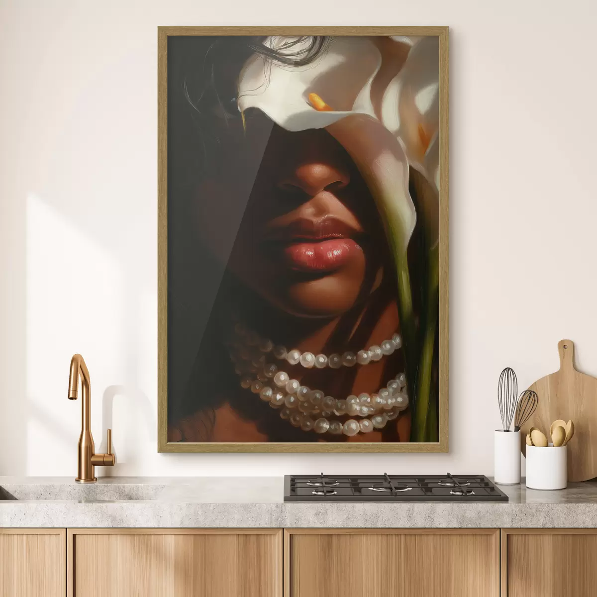 Poster Porträt mit weißen Blumen und einer Perlenkette f49978