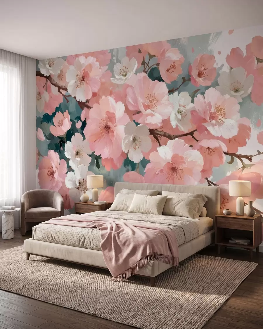 Fototapete Blühende Kirschbäume mit rosa und weißen Blüten im Ölgemälde-Stil w09912