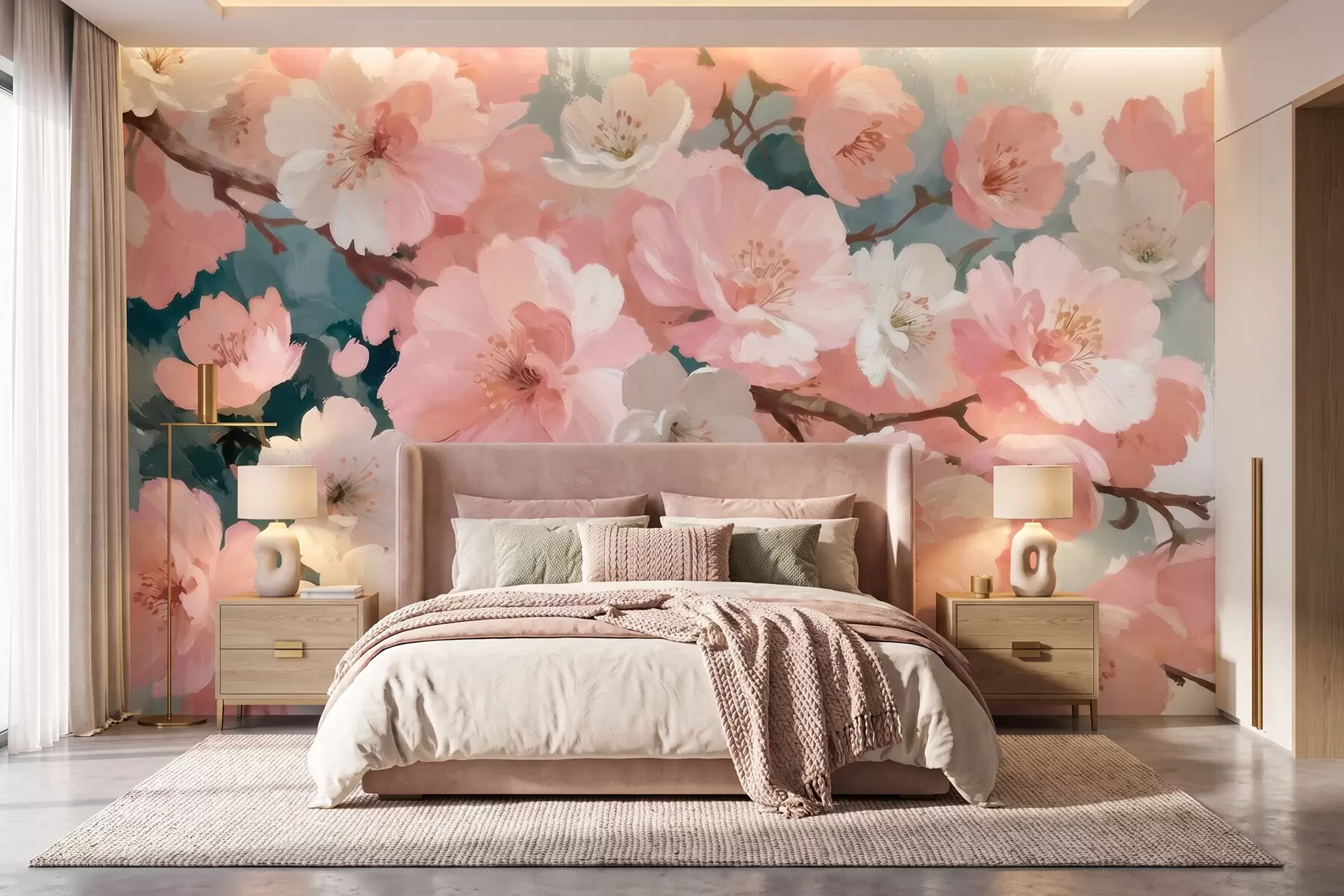 Fototapete Blühende Kirschbäume mit rosa und weißen Blüten im Ölgemälde-Stil w09912
