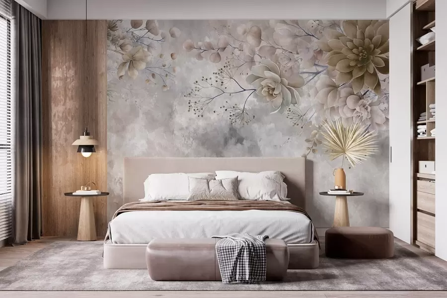 Fototapete Fantasievolle Blumen im Retro-Stil auf dem Bild oben, in Beige- und Brauntönen w05753