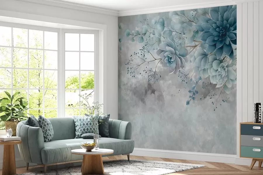 Fototapete Eine Draufsicht auf Fantasieblumen im Retro-Stil in Blau- und Türkistönen w05753v1
