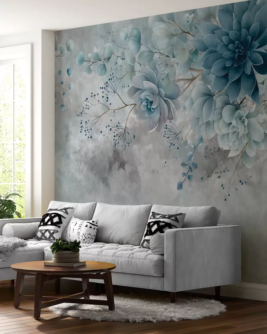 Fototapete Eine Draufsicht auf Fantasieblumen im Retro-Stil in Blau- und Türkistönen w05753v1
