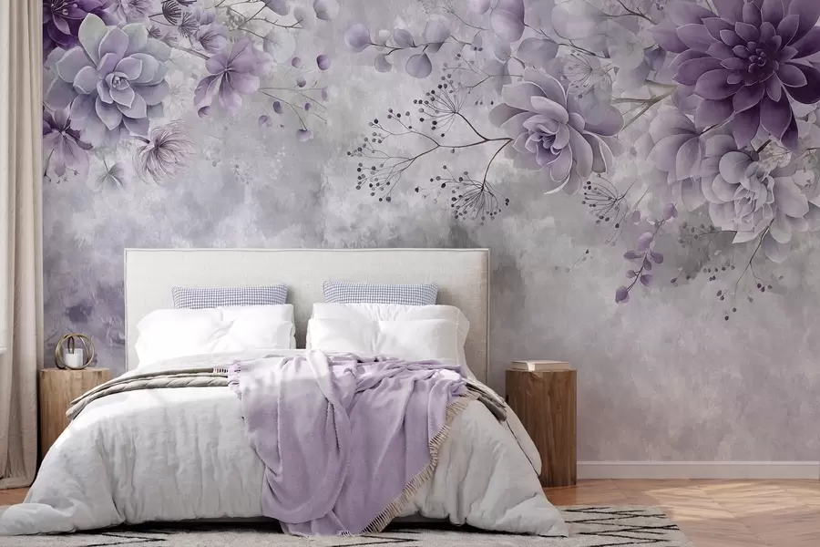 Fototapete Eine Ansicht von oben auf Fantasieblumen im Retro-Stil in verschiedenen Violetttönen w05753v2