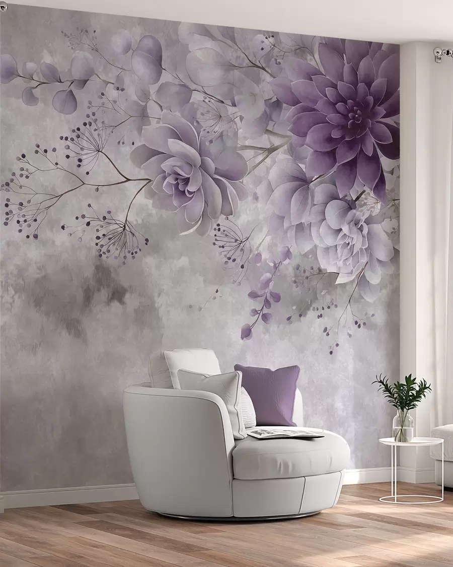 Fototapete Eine Ansicht von oben auf Fantasieblumen im Retro-Stil in verschiedenen Violetttönen w05753v2