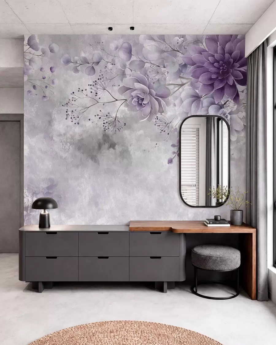 Fototapete Eine Ansicht von oben auf Fantasieblumen im Retro-Stil in verschiedenen Violetttönen w05753v2