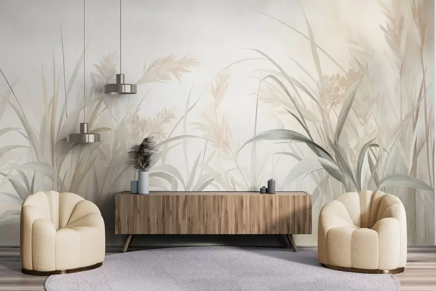 Fototapete Hohes, zartes Gras und Schilf in sanften, gedeckten Beige-, Creme- und Grüntönen, strukturiert w09981