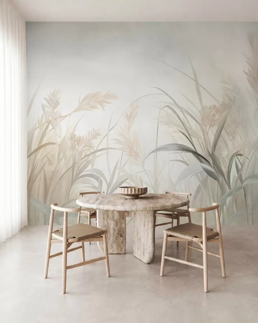 Fototapete Hohes, zartes Gras und Schilf in sanften, gedeckten Beige-, Creme- und Grüntönen, strukturiert w09981