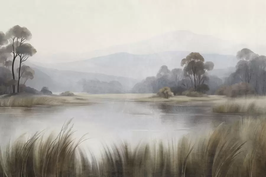 Fototapete Eine abwechslungsreiche Landschaft mit einem See, hohem Gras, Bäumen und Bergen im Hintergrund w09983