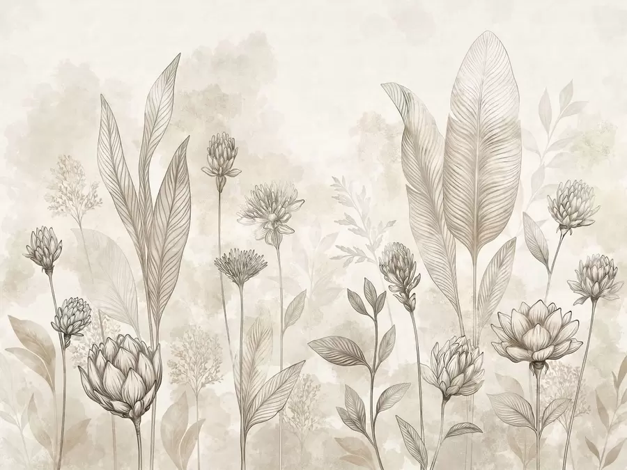 Fototapete Botanische Komposition mit Blüten und Blättern w05802