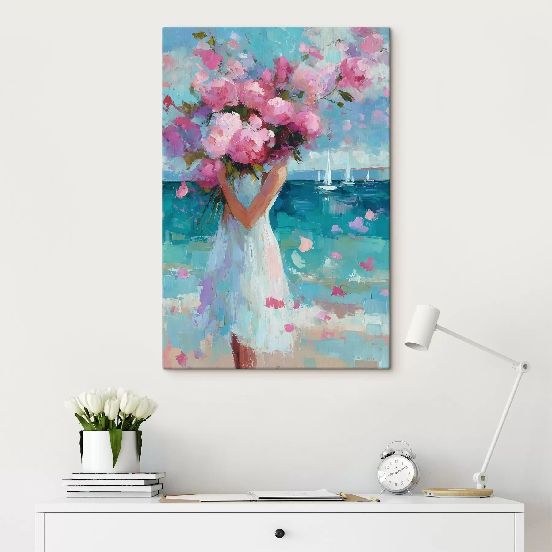 Wandbilder Ein Mädchen mit Pfingstrosen vor einer Meereslandschaft, gemalt im Impasto-Stil s49937