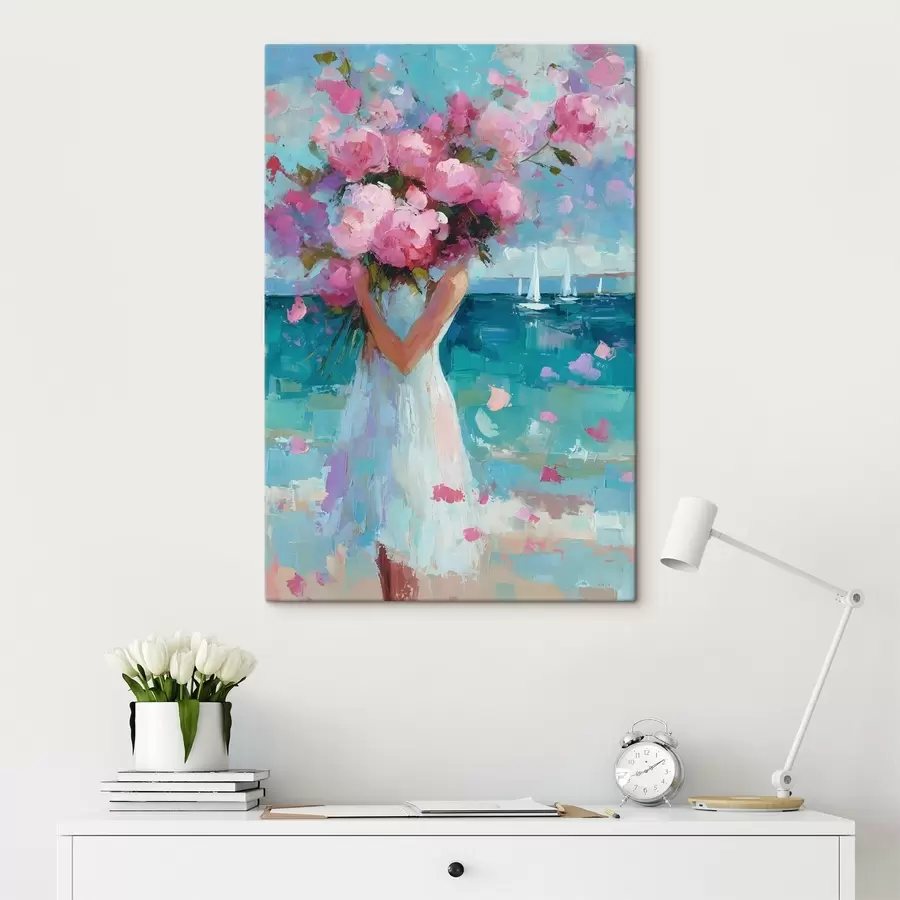 Wandbilder Ein Mädchen mit Pfingstrosen vor einer Meereslandschaft, gemalt im Impasto-Stil s49937