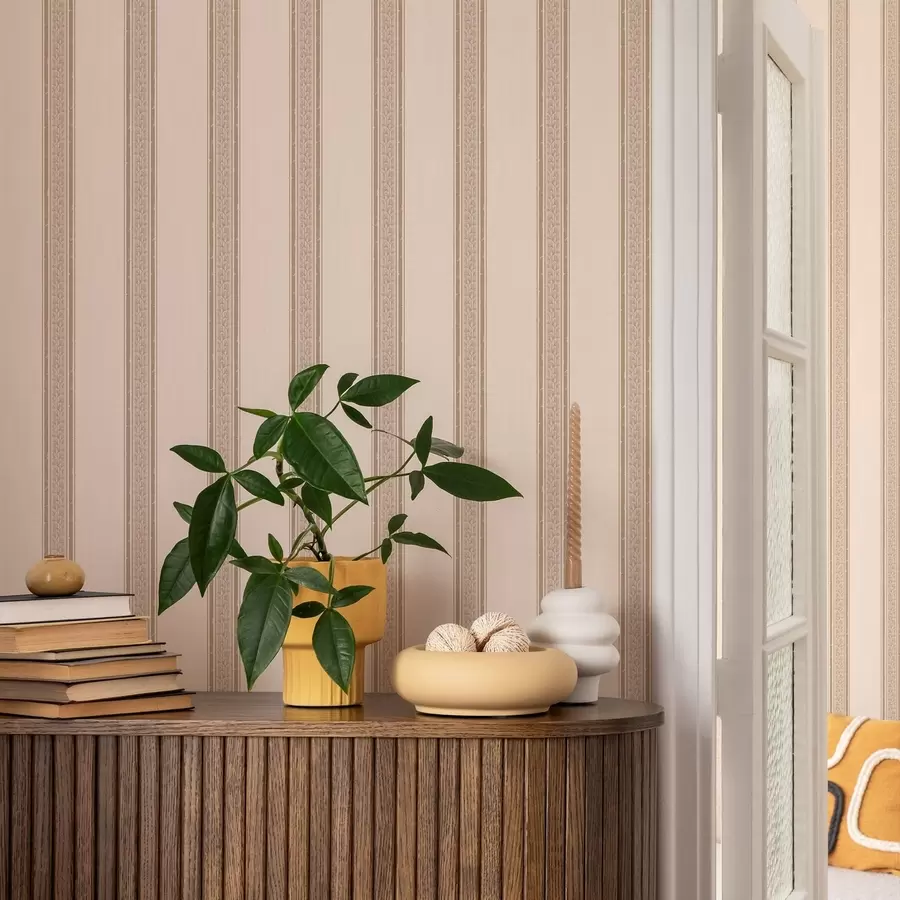 Fototapete Elegante beige Streifen mit Blättern a01249v2