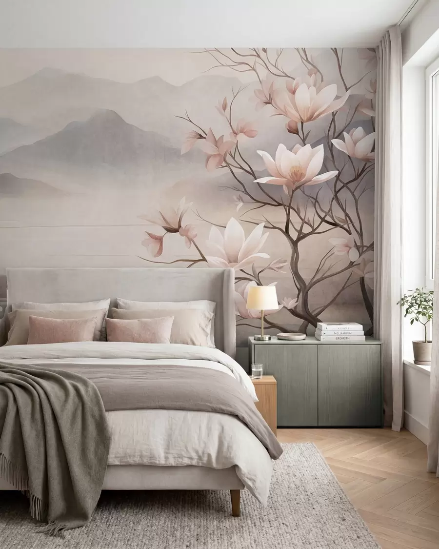 Fototapete Berge und blühende rosa Magnolienzweige, strukturierte Landschaft w10013