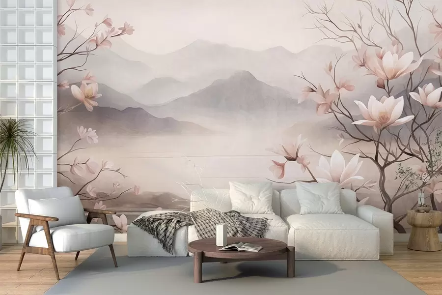 Fototapete Berge und blühende rosa Magnolienzweige, strukturierte Landschaft w10013