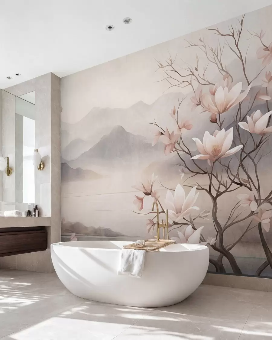 Fototapete Berge und blühende rosa Magnolienzweige, strukturierte Landschaft w10013