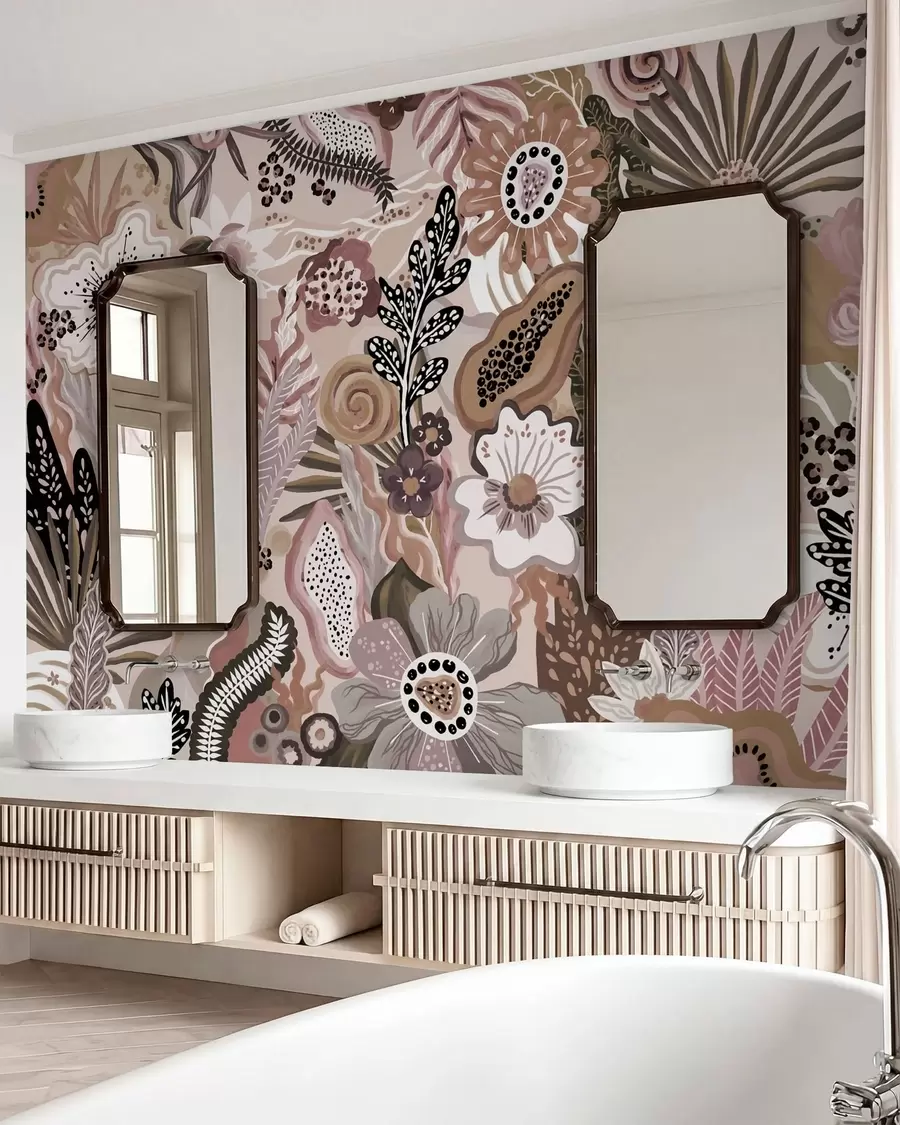Fototapete Zartes tropisches Motiv mit Blumen, Blättern und gedeckten, sanften Farbtönen w05815v1