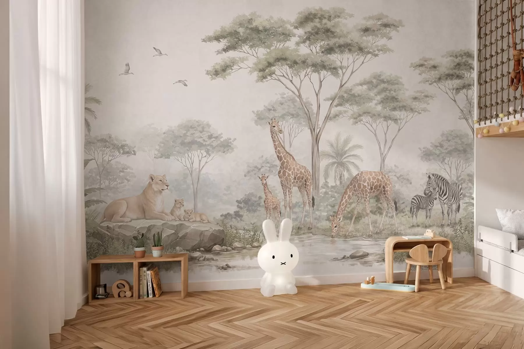 Fototapete Safari mit Giraffen, Löwen, Zebras und tropischen Bäumen w05804