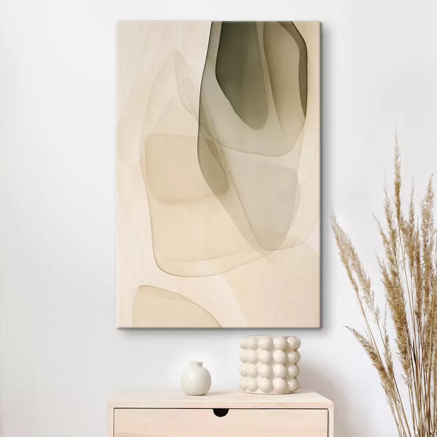 Wandbilder Abstrakte, fließende, durchscheinende Formen in gedeckten Beige-, Creme- und Olivgrüntönen s50204