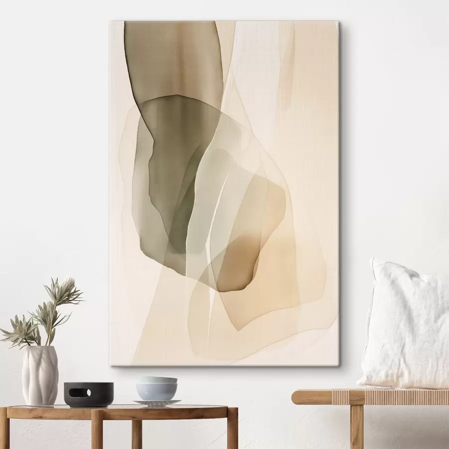 Wandbilder Abstrakte, fließende, durchscheinende Formen in gedeckten Beige-, Creme- und Olivgrüntönen s50205