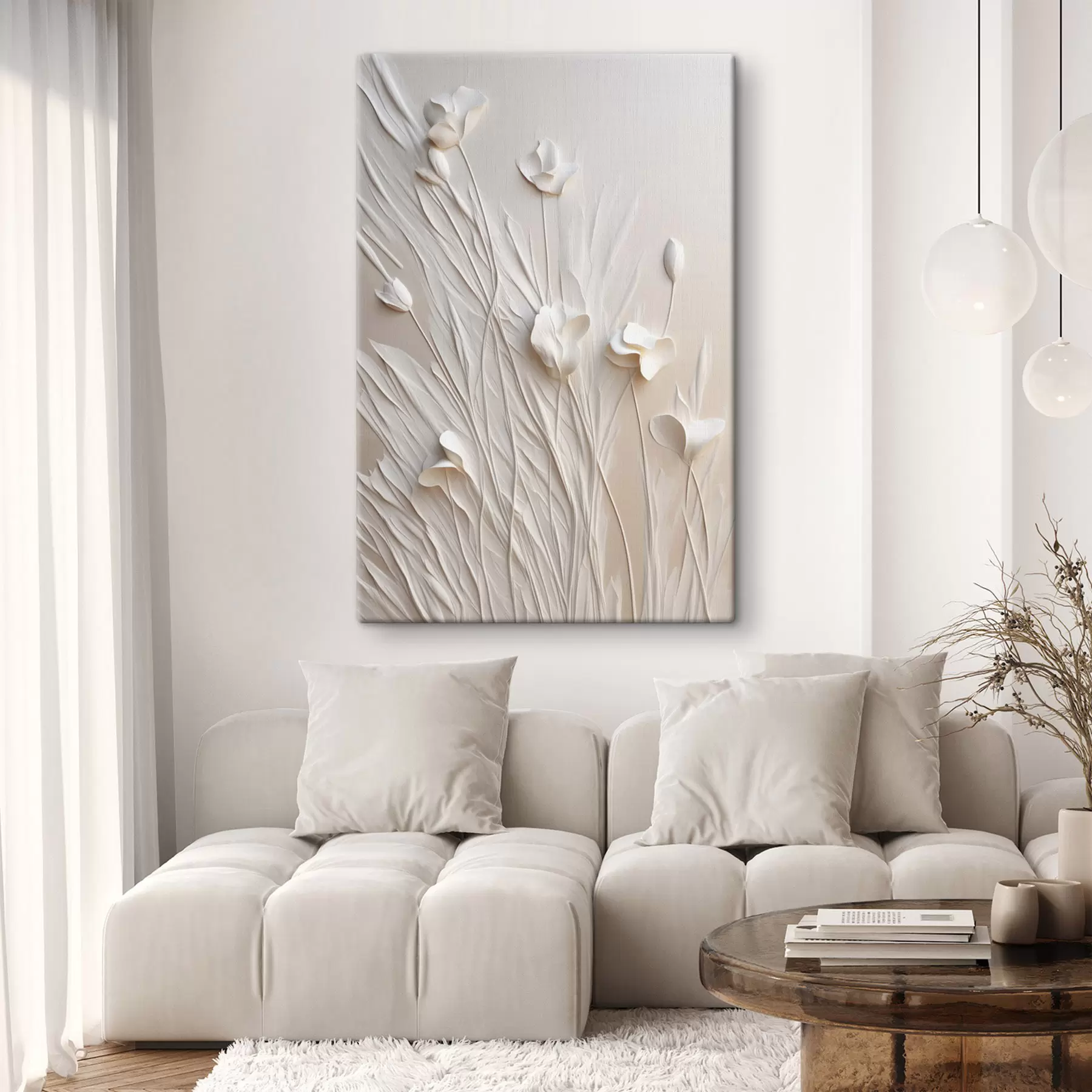 Wandbilder Weiße Blumen und Gras vor einem hellen pfirsichfarbenen Hintergrund, minimalistische Kunst s50226