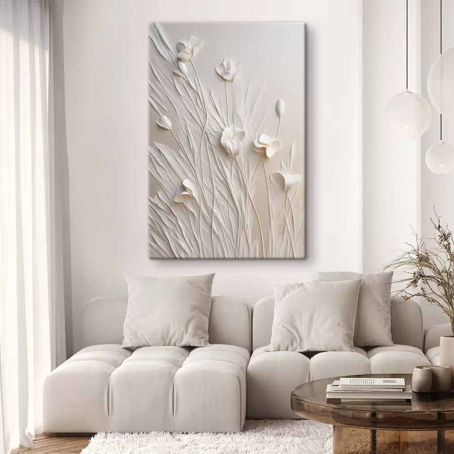 Wandbilder Weiße Blumen und Gras vor einem hellen pfirsichfarbenen Hintergrund, minimalistische Kunst s50226