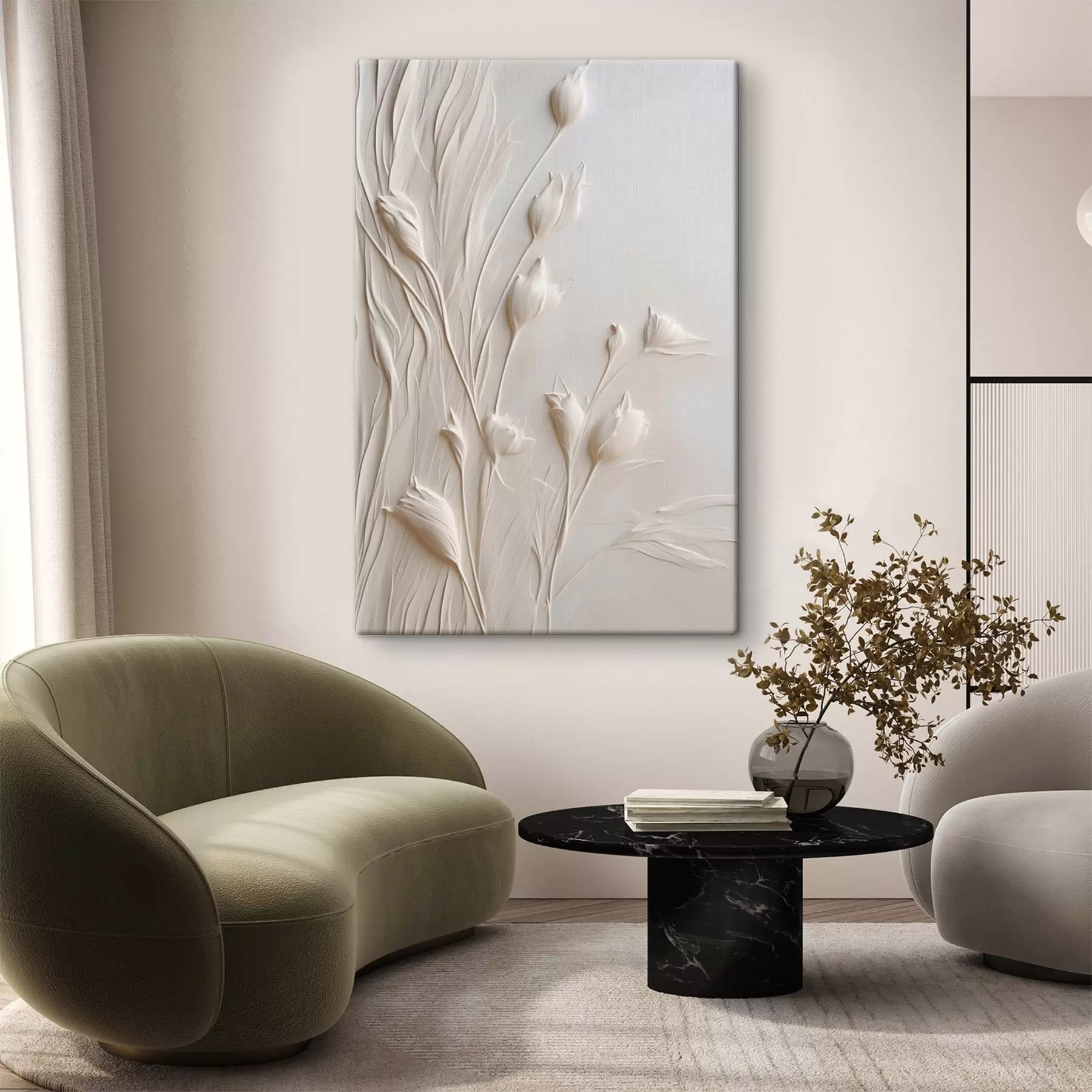 Wandbilder Weiße Blumen und Gras vor einem hellen pfirsichfarbenen Hintergrund, minimalistische Kunst s50227