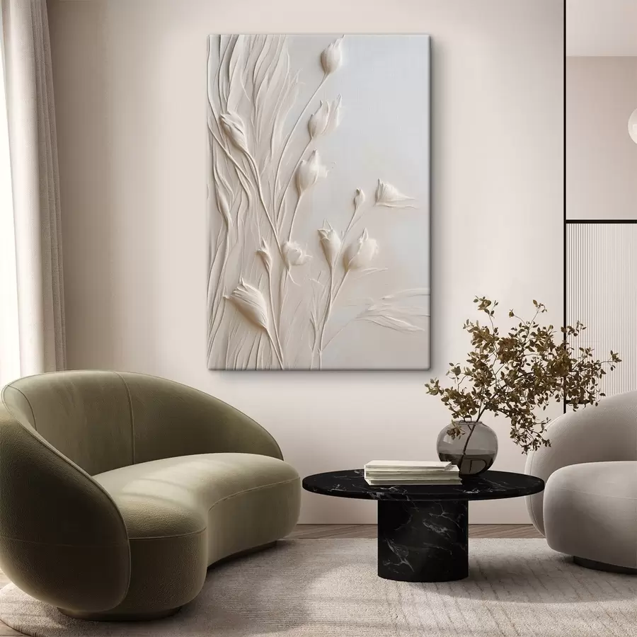 Wandbilder Weiße Blumen und Gras vor einem hellen pfirsichfarbenen Hintergrund, minimalistische Kunst s50227