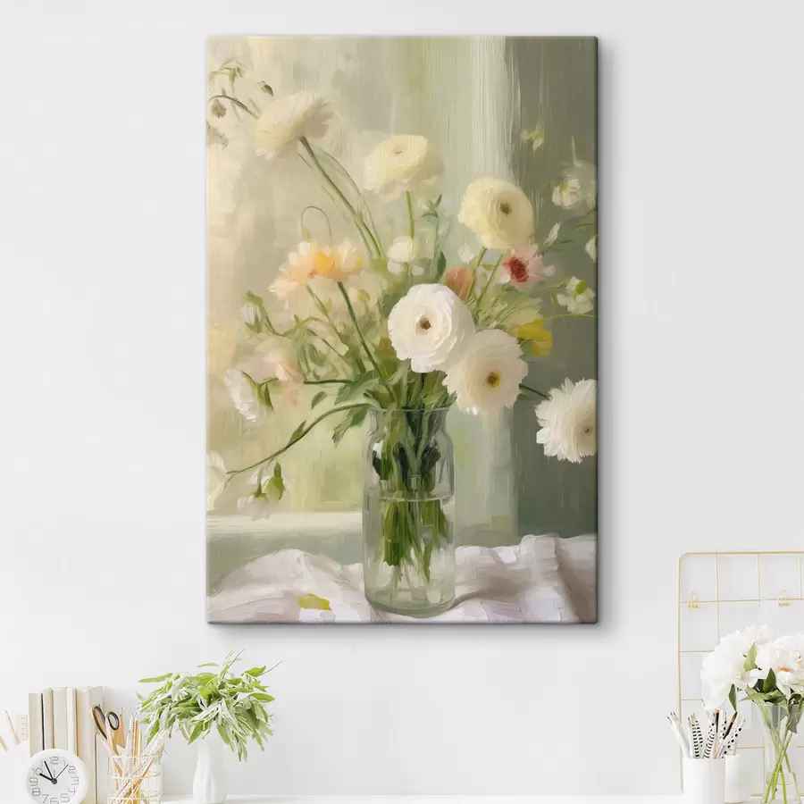 Wandbilder Ein Strauß aus weißen und rosa Blumen in einer Glasvase, im Hintergrund ein Fenster s50228