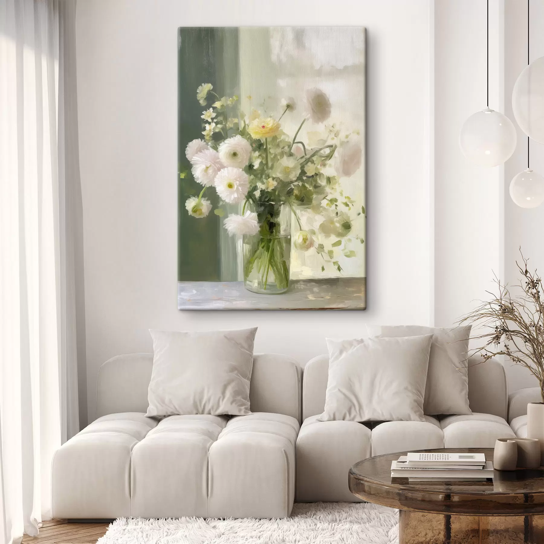 Wandbilder Ein Strauß aus weißen und rosa Blumen in einer Glasvase, im Hintergrund ein Fenster s50229