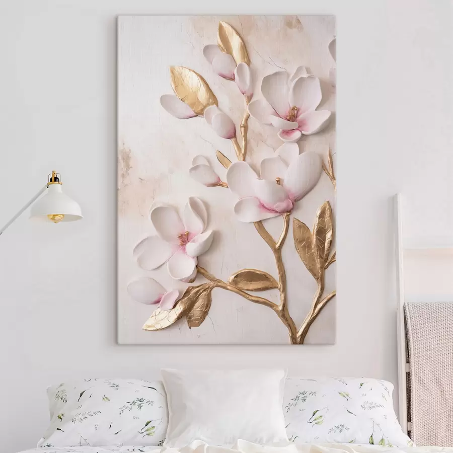 Wandbilder Strukturierte, zartrosa Magnolienblüten mit gelben Akzenten s50230