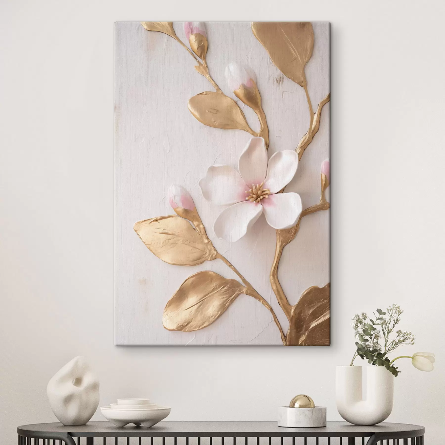 Wandbilder Strukturierte, zartrosa Magnolienblüten mit gelben Akzenten s50231