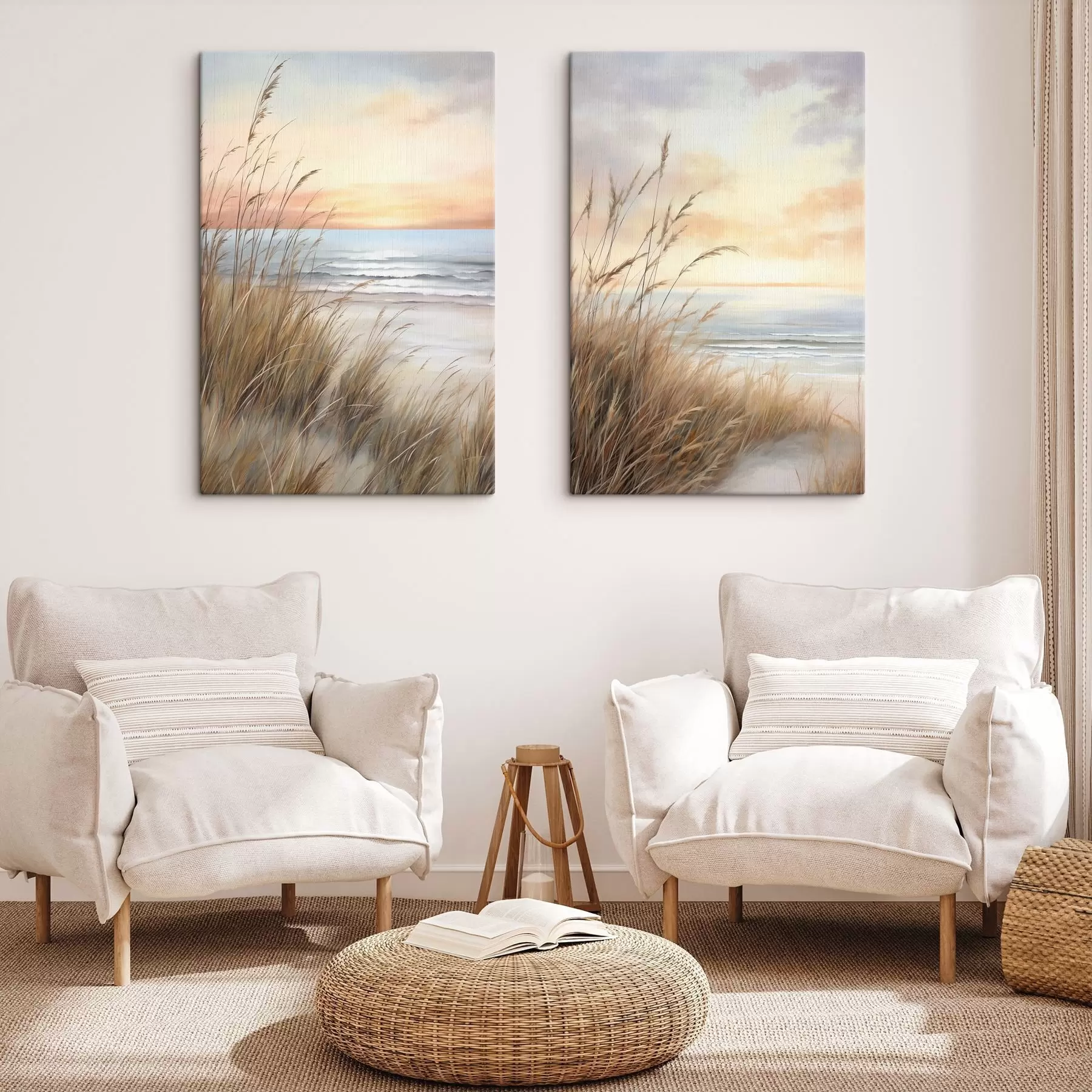 Wandbilder Hohes, trockenes Gras im Vordergrund, dahinter ein Strand und das Meer, sanfter Sonnenuntergang in Pastelltönen m30838