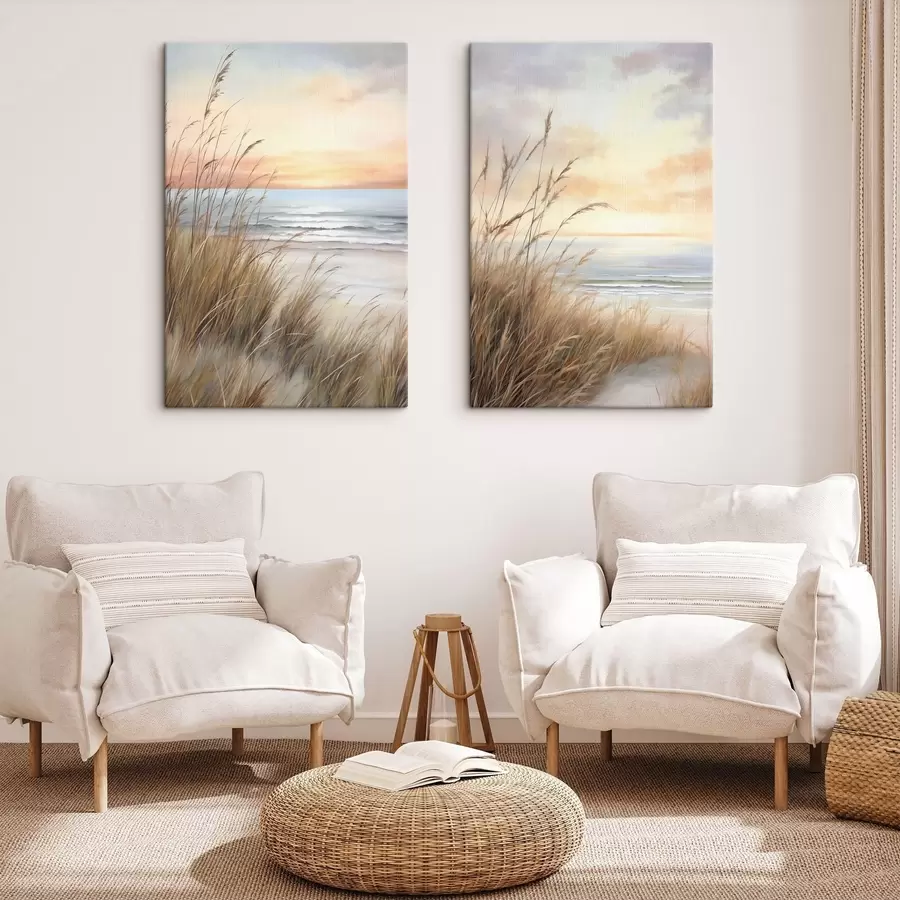 Wandbilder Hohes, trockenes Gras im Vordergrund, dahinter ein Strand und das Meer, sanfter Sonnenuntergang in Pastelltönen m30838