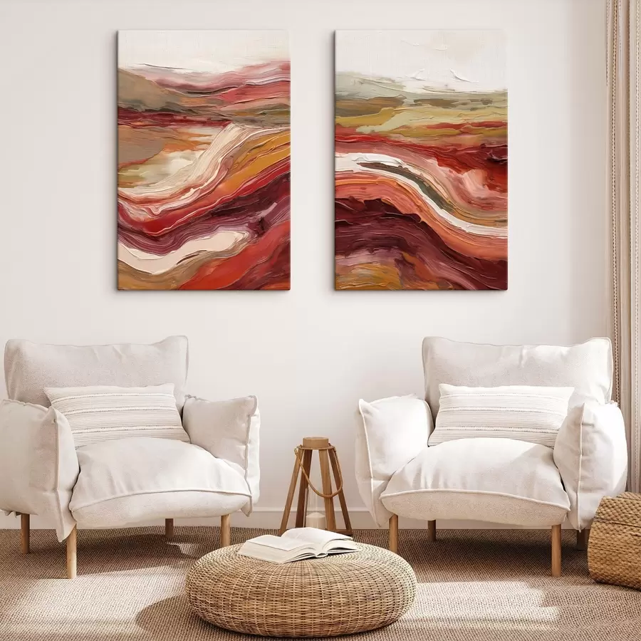 Wandbilder Abstrakte Landschaft mit strukturierten Farbschichten in Rot, Orange und Beige m30841