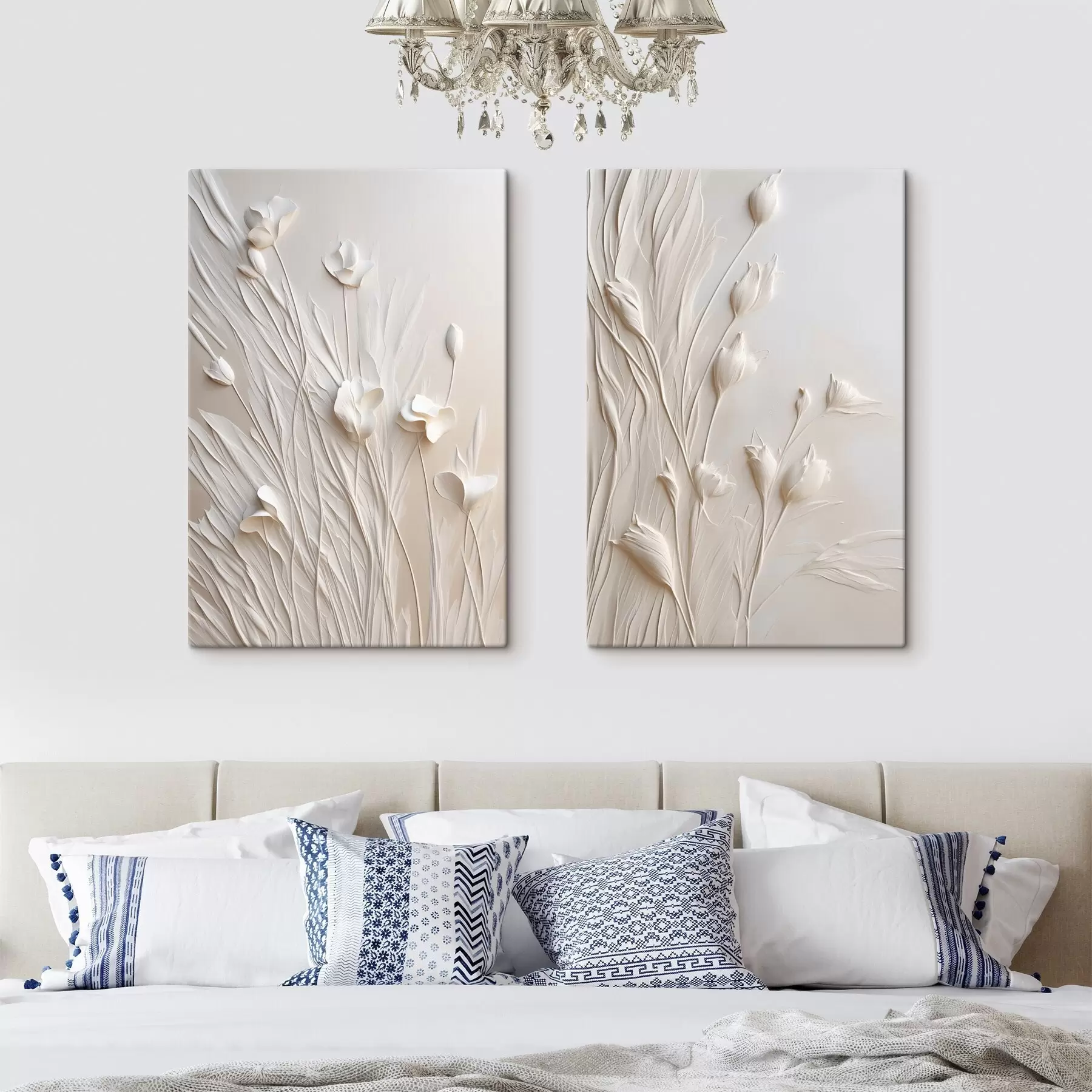 Wandbilder Weiße Blumen und Gras vor einem hellen pfirsichfarbenen Hintergrund, minimalistische Kunst m30846