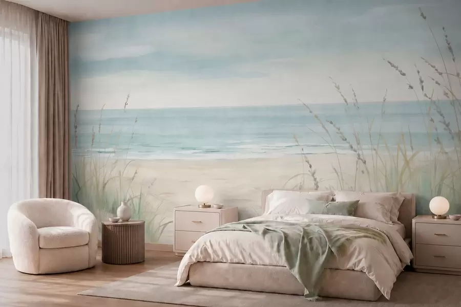 Fototapete Muschelsand mit einem sanften Strand und Gräsern in zarten Pastelltönen w05821