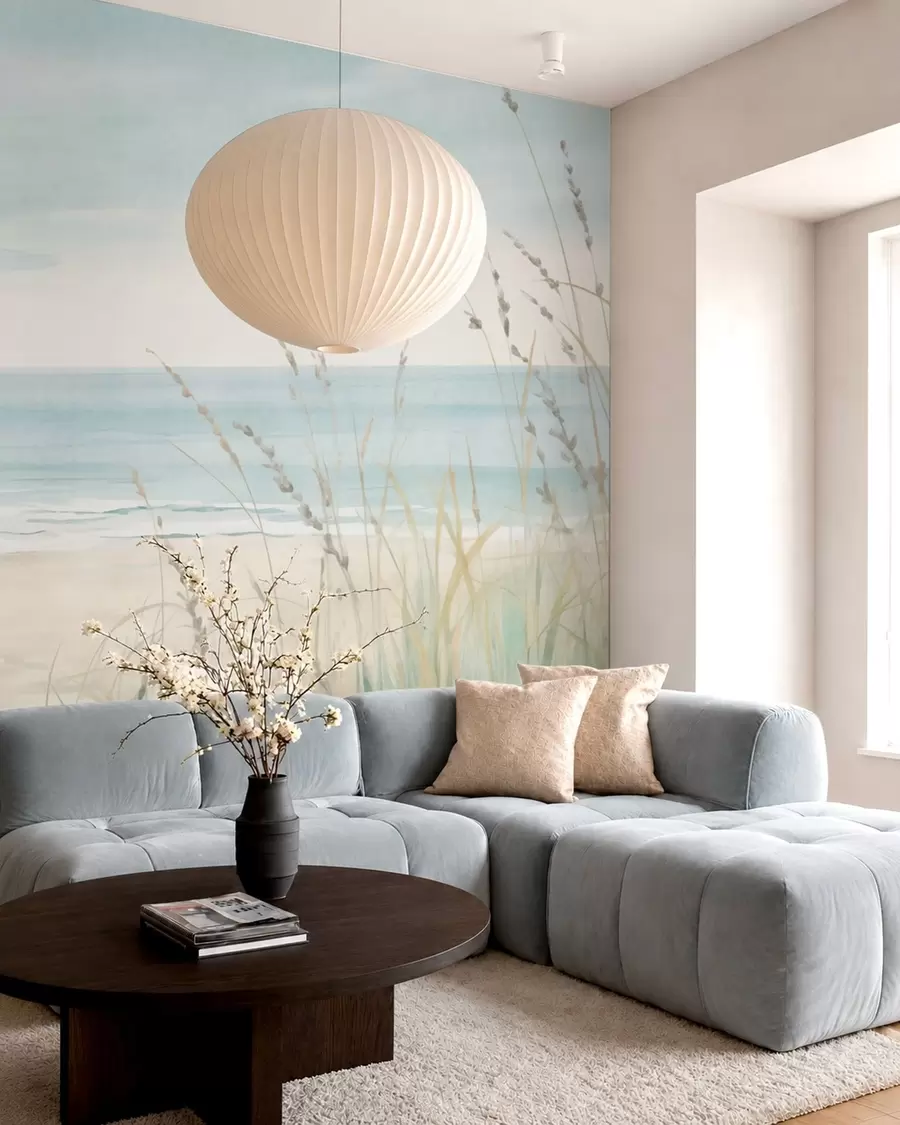 Fototapete Muschelsand mit einem sanften Strand und Gräsern in zarten Pastelltönen w05821