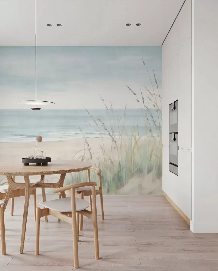 Fototapete Muschelsand mit einem sanften Strand und Gräsern in zarten Pastelltönen w05821