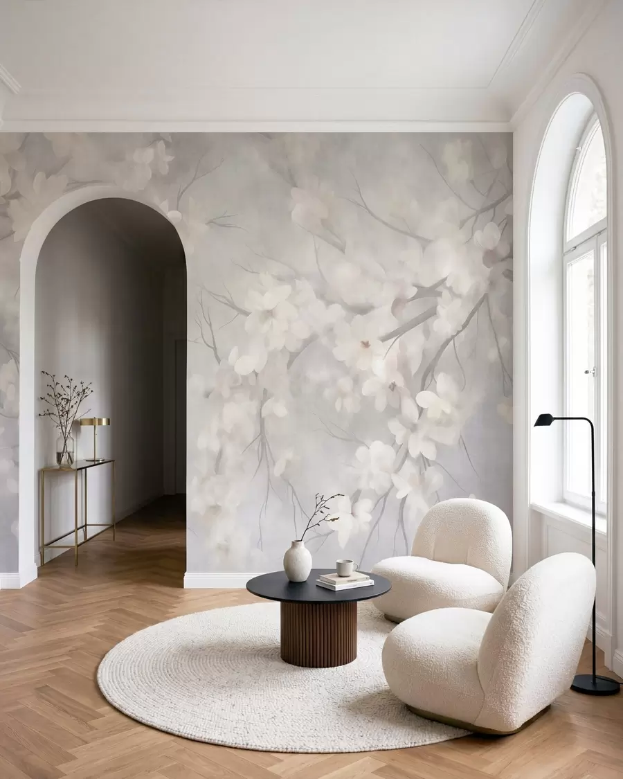 Fototapete Weiße Kirschblüten an dünnen Zweigen, unscharf, hellgrauer Hintergrund, strukturiertes Kunstwerk w10012
